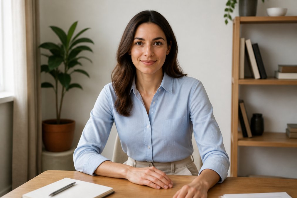 Professional woman in a business casual remote work office setting wearing a button-front shirt and trousers.
