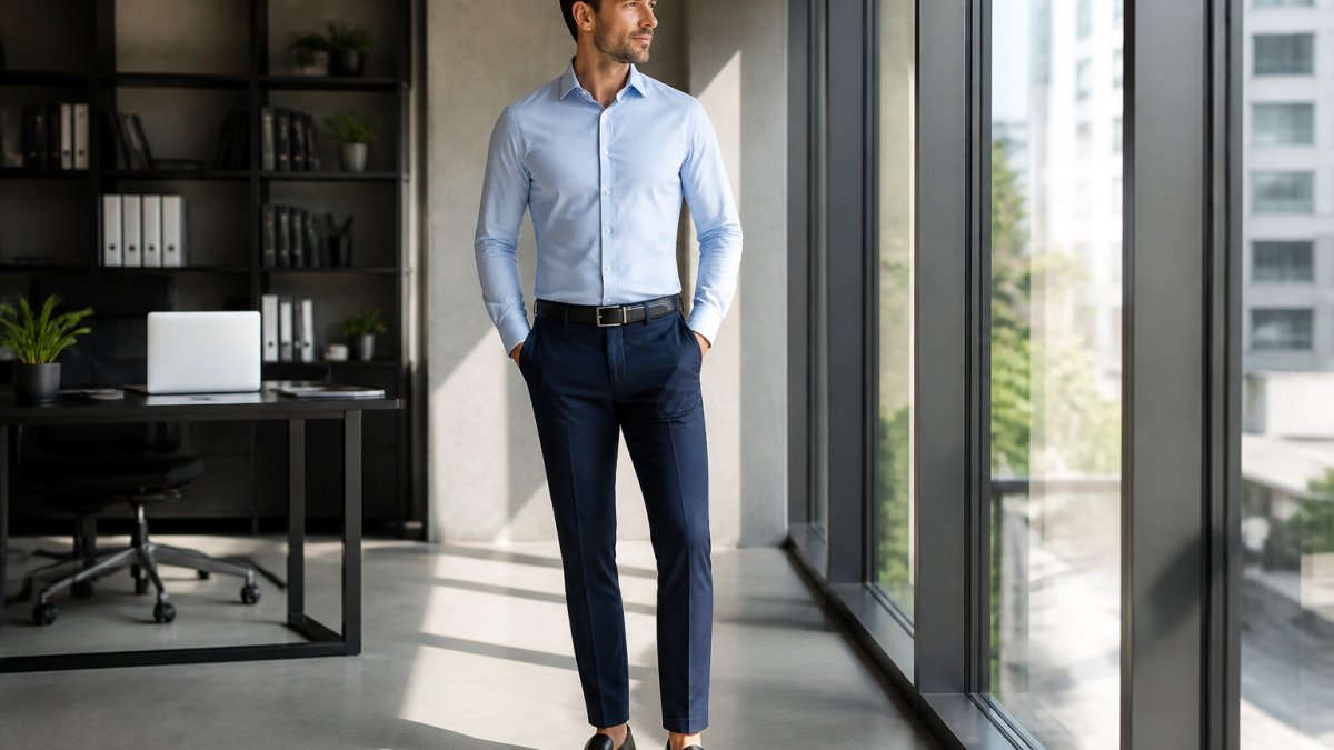 Professional man wearing a light blue button-down dress shirt tucked into navy chinos, paired with black leather loafers, standing confidently in a modern office with natural window lighting