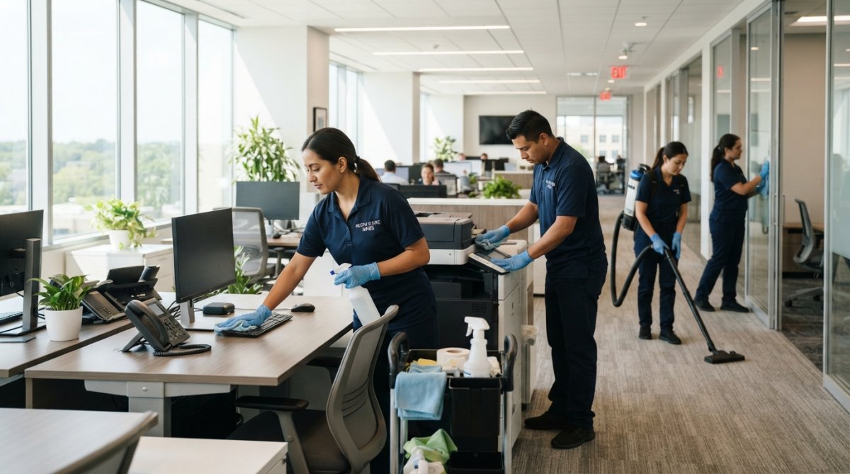Professional cleaning crew in uniform performing office cleaning tasks, including wiping down surfaces and sanitizing high-touch areas in a modern commercial office space with natural lighting