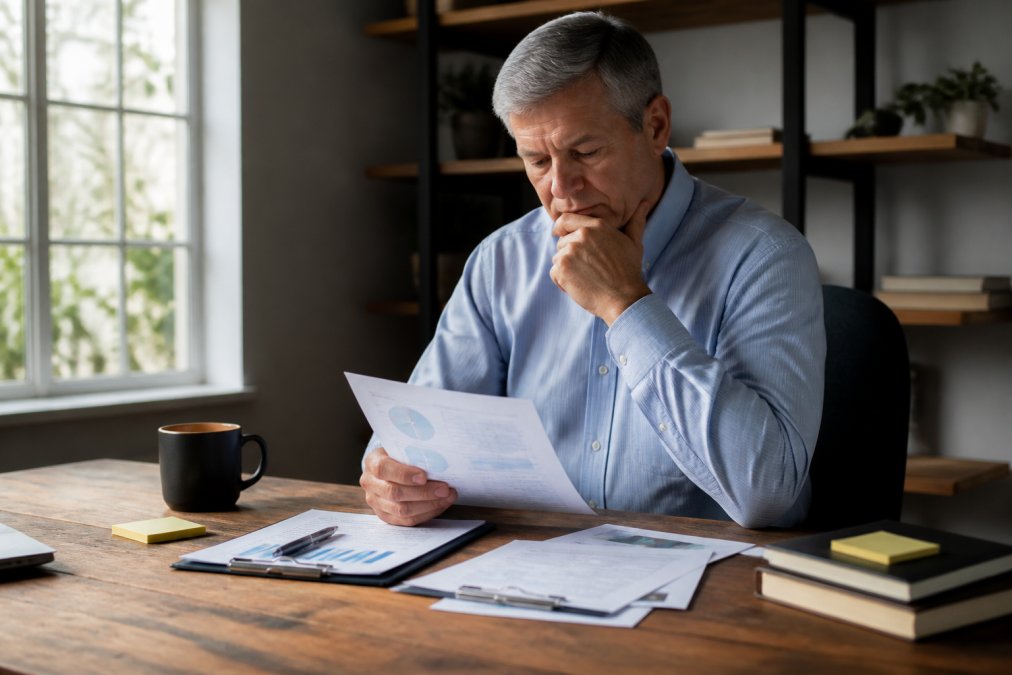 Business owner sitting at wooden desk reviewing strategic documents and financial reports with focused concentration, natural window light illuminating the workspace