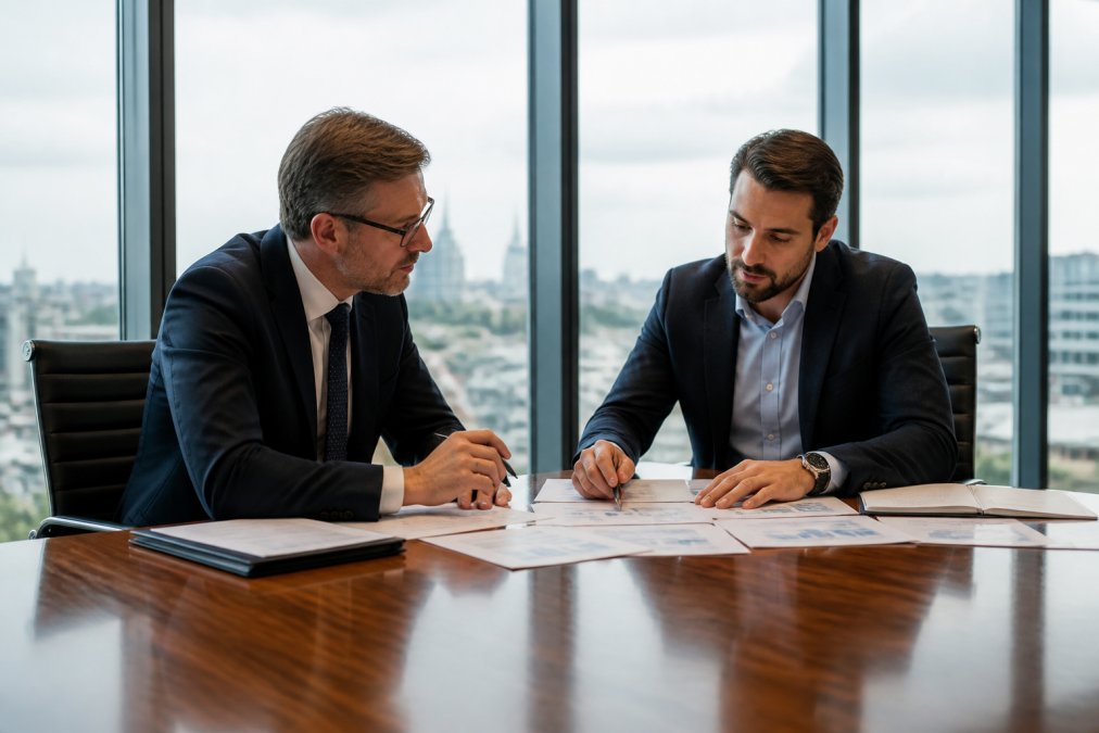 A senior executive and management consultant sitting across from each other at a large boardroom table, reviewing printed reports and strategy documents in a well-lit corporate office with floor-to-ceiling windows