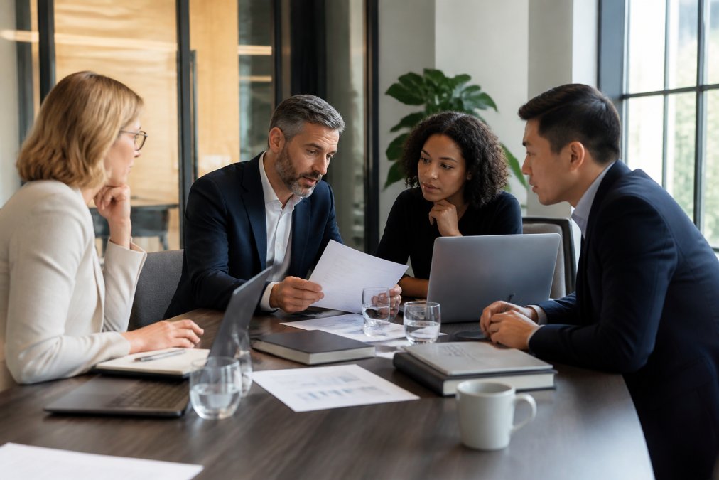 A leadership team of four professionals gathered around a large conference table with open laptops and printed performance reports, engaged in focused discussion in a modern, well-lit meeting room