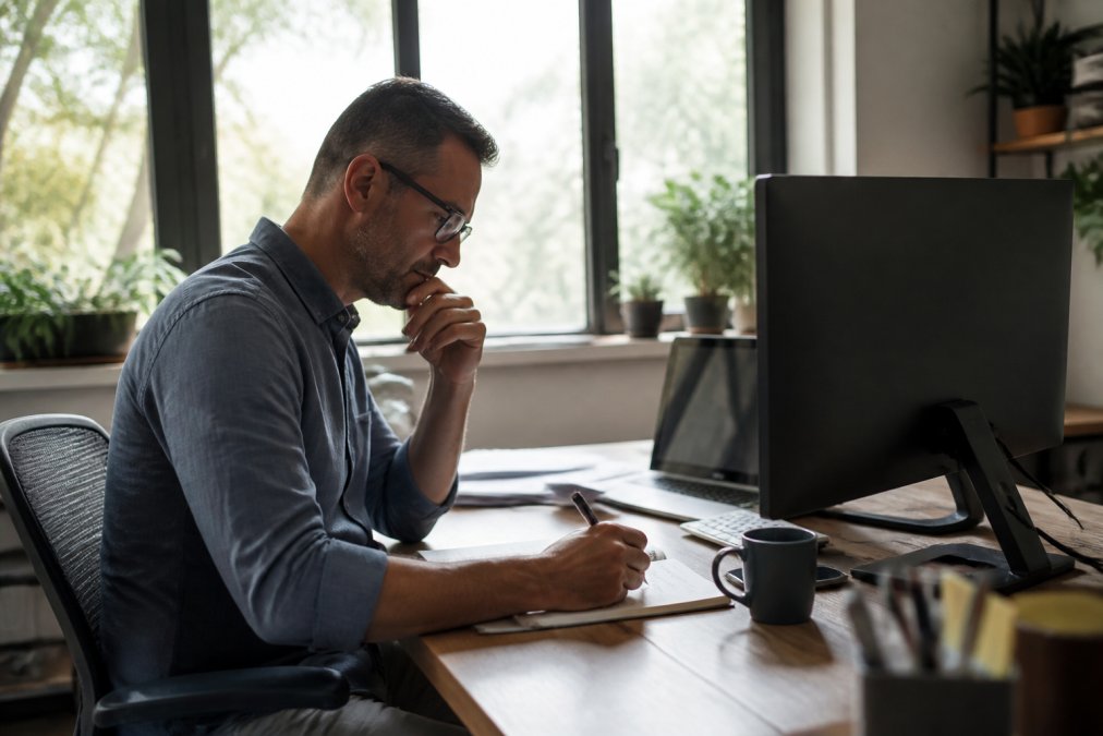 Solo consultant focused at desk with multiple monitors, notebook, and coffee cup, natural office lighting streaming through window, engaged in business planning work