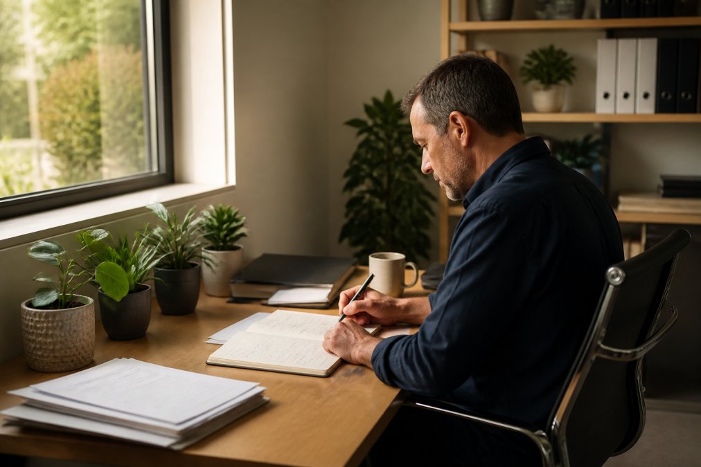 Solo consultant at desk with multiple monitors displaying analytics and client data, notebook open with business strategy notes, natural morning light from window, focused on client work planning