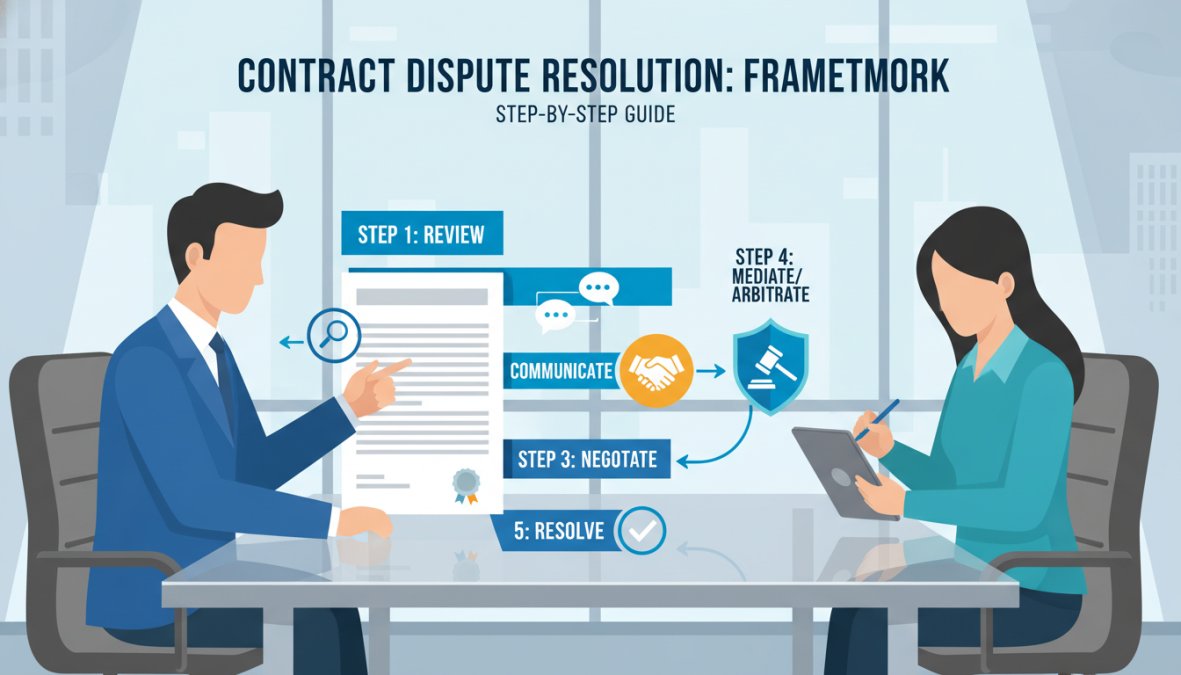 Two business professionals sitting across a conference table reviewing printed contract documents, with one person pointing to a specific clause while the other takes notes, under warm overhead office lighting