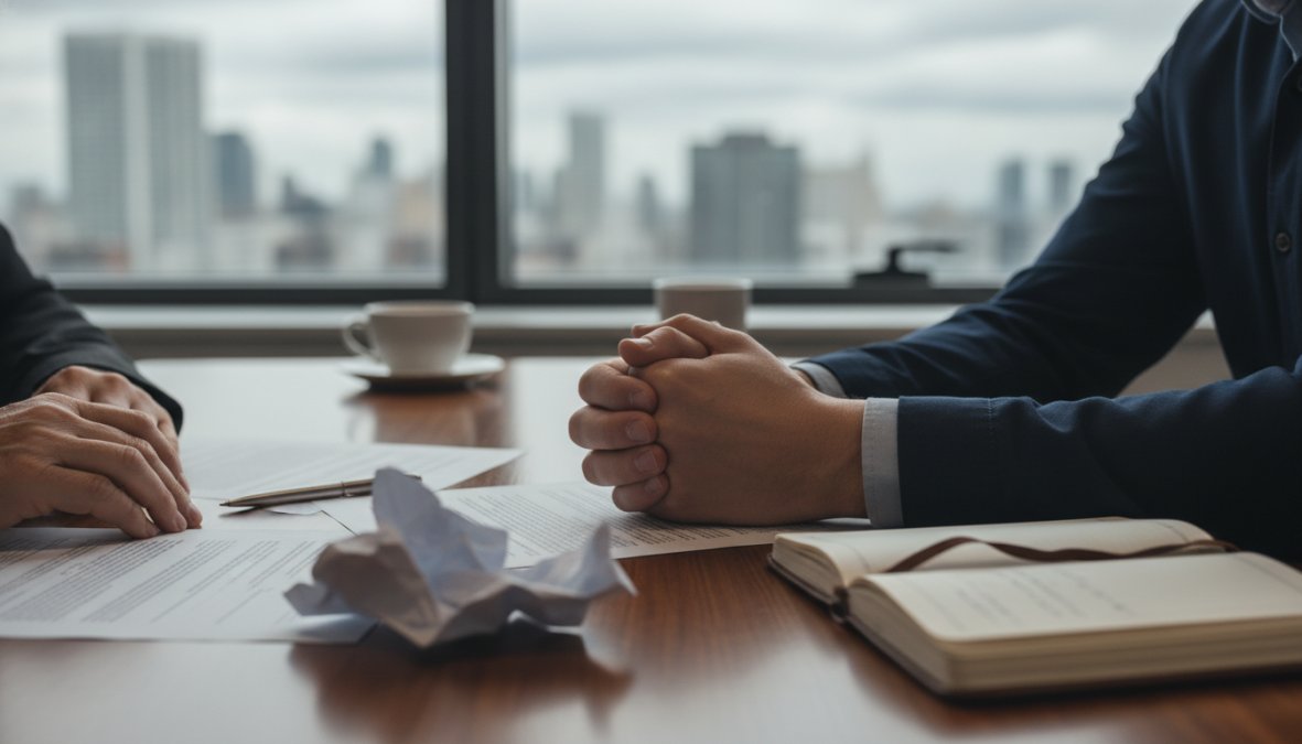 A stressed entrepreneur sitting alone at a desk with hands clasped, staring at a laptop screen in a dimly lit office, papers and a coffee cup nearby, conveying the emotional weight of a prolonged business conflict
