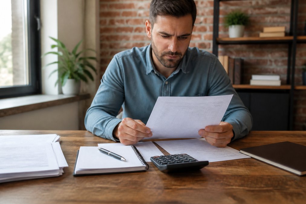 Business owner reviewing financial reports to manage business credit utilization at a desk with a calculator