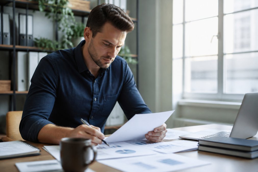 Founder sitting at desk reviewing business documents and financial reports with laptop open, looking focused and determined, natural office lighting streaming in