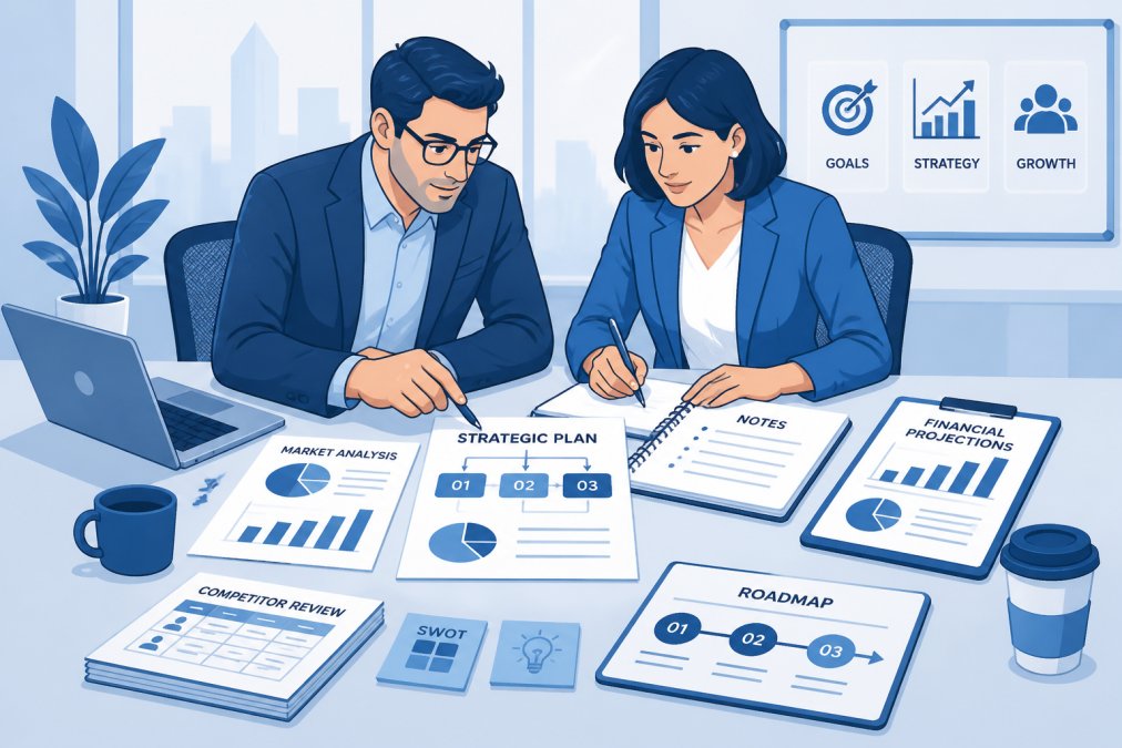 Business owner and consultant reviewing strategic planning documents and notes together at a conference table, both focused on materials spread across the table