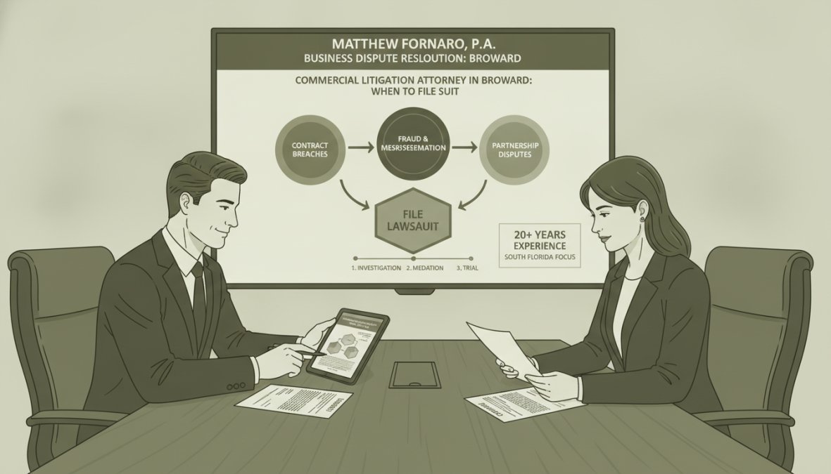 Professional illustration showing business dispute resolution lawyers broward