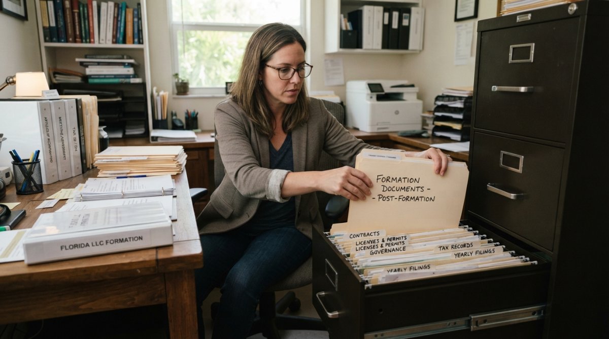 Business owner organizing and filing formation documents in a filing cabinet in a home office setting with natural light from a window
