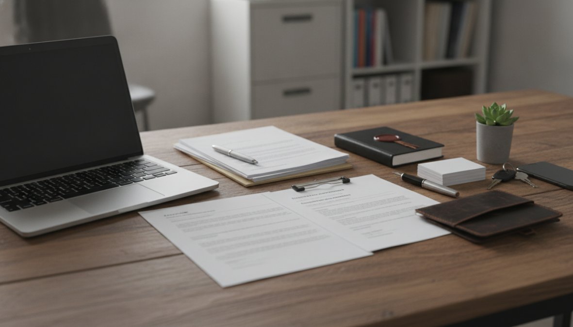 Business owner and attorney reviewing formation documents at a desk with laptop and paperwork visible, natural office lighting