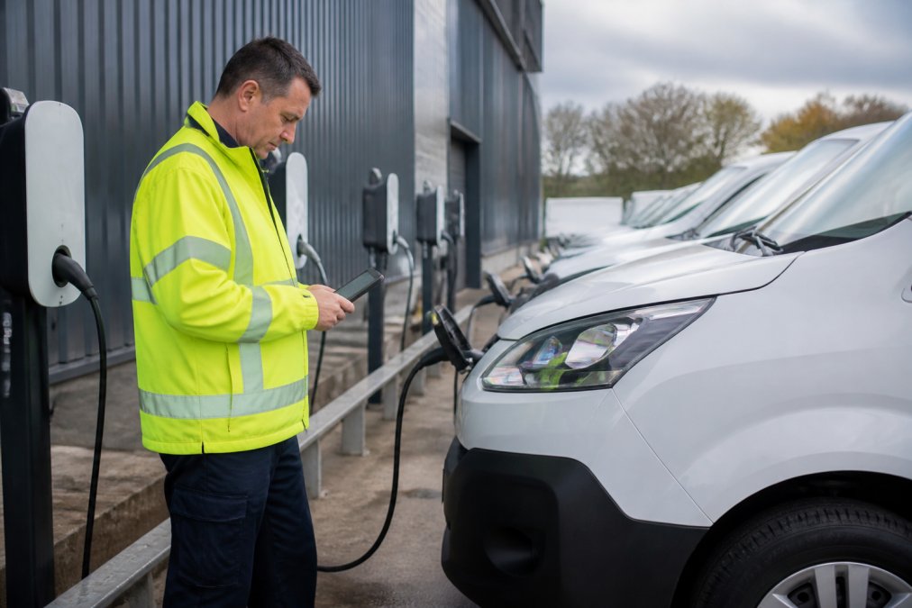 Fleet manager checking a tablet near electric vans at EV charging providers' station