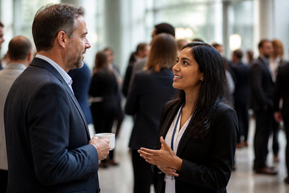 Professional photographer capturing candid moment of corporate conference attendees in conversation, natural lighting highlighting genuine interaction and professional attire, networking moment with blurred background