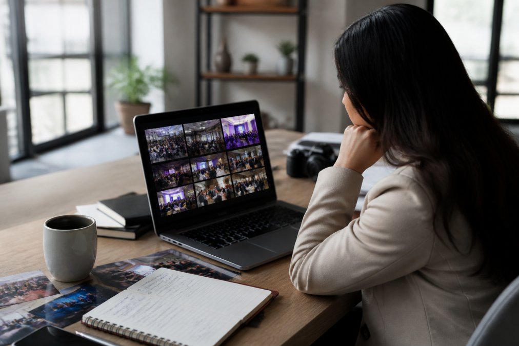 Marketing professional reviewing event photography on laptop screen, with social media platform windows visible, planning content calendar with multiple images displayed, modern office setting with natural light