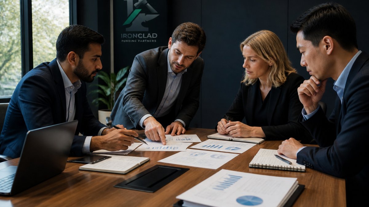 Professional team in modern conference room reviewing financial documents and pitch deck on large screen, with colleagues taking notes and discussing growth metrics