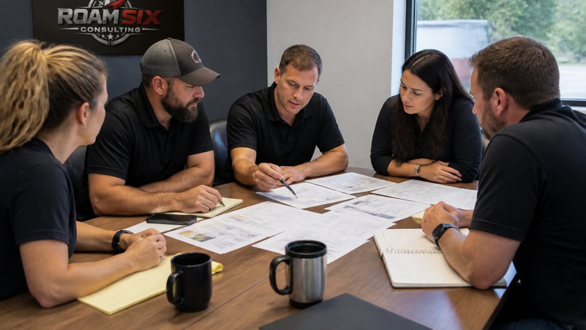 Professional business team gathered around a conference table reviewing printed implementation timeline and strategy documents with notepads and coffee