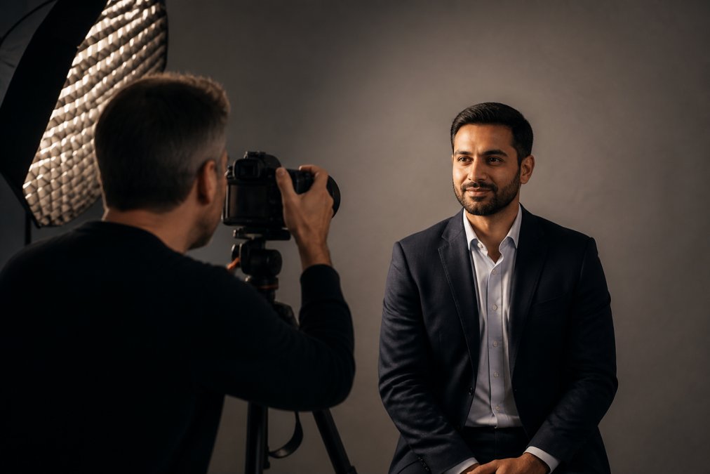 Studio setup with soft directional lighting from the side, neutral grey background, professional camera on tripod positioned at eye level for business headshot composition