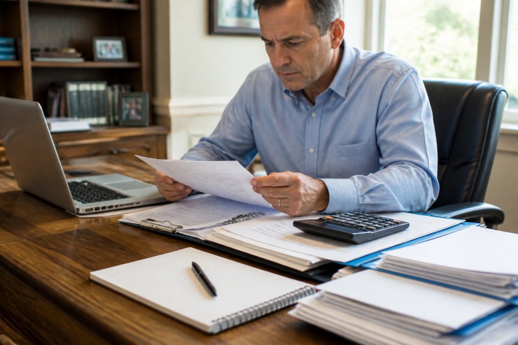 Business owner reviewing insurance policies and documents at a wooden desk with laptop, calculator, and policy papers in natural office lighting