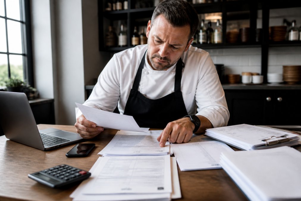 Restaurant owner or manager sitting at a desk reviewing claim documentation, with policy papers, laptop, phone, and claim forms spread across the surface under natural office lighting