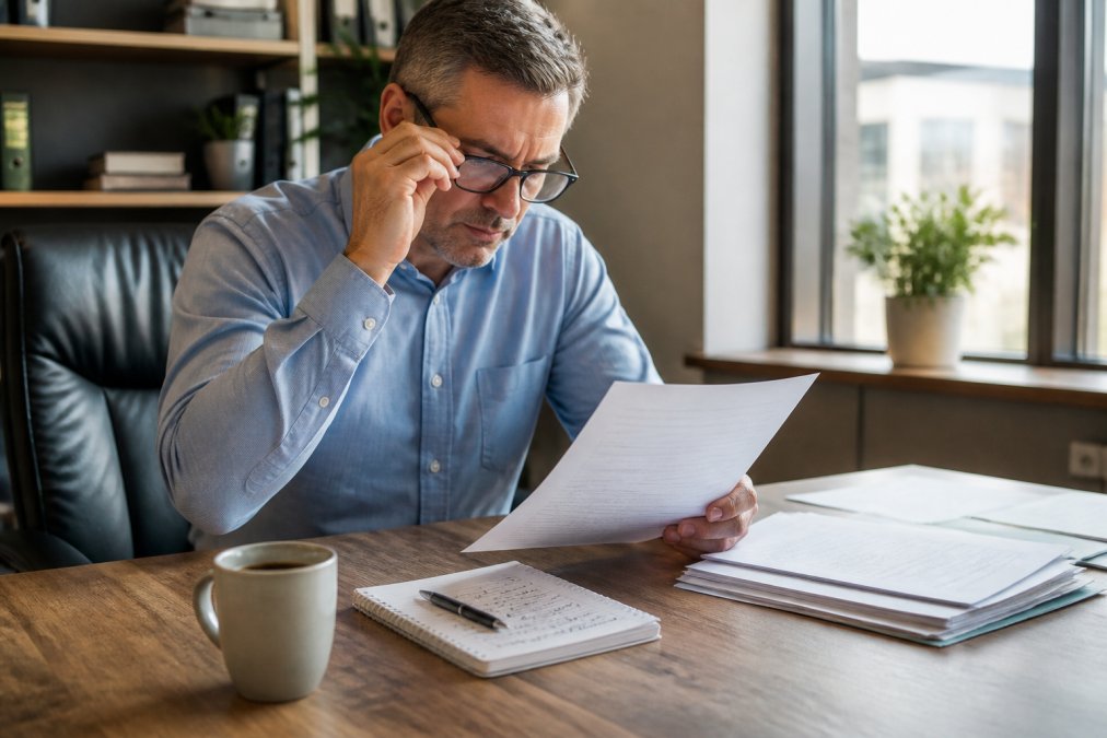 Business owner at desk reviewing insurance policy document with reading glasses, coffee cup, and handwritten notes on notepad, natural office lighting from window