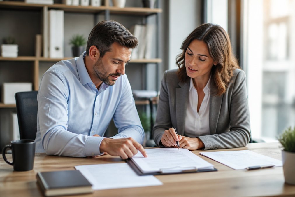 Small business owner in professional office discussing insurance policy details with insurance agent, both reviewing documents at desk with natural lighting