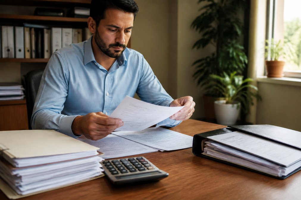 Small business owner organizing insurance documents for business insurance tax deductions at a desk.