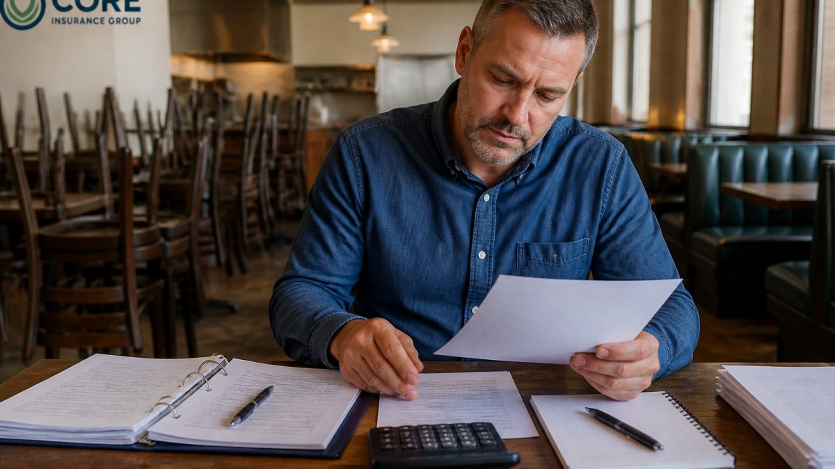 A small business owner reviewing insurance policy documents and financial records at a desk in a restaurant office, with a calculator and notepad nearby