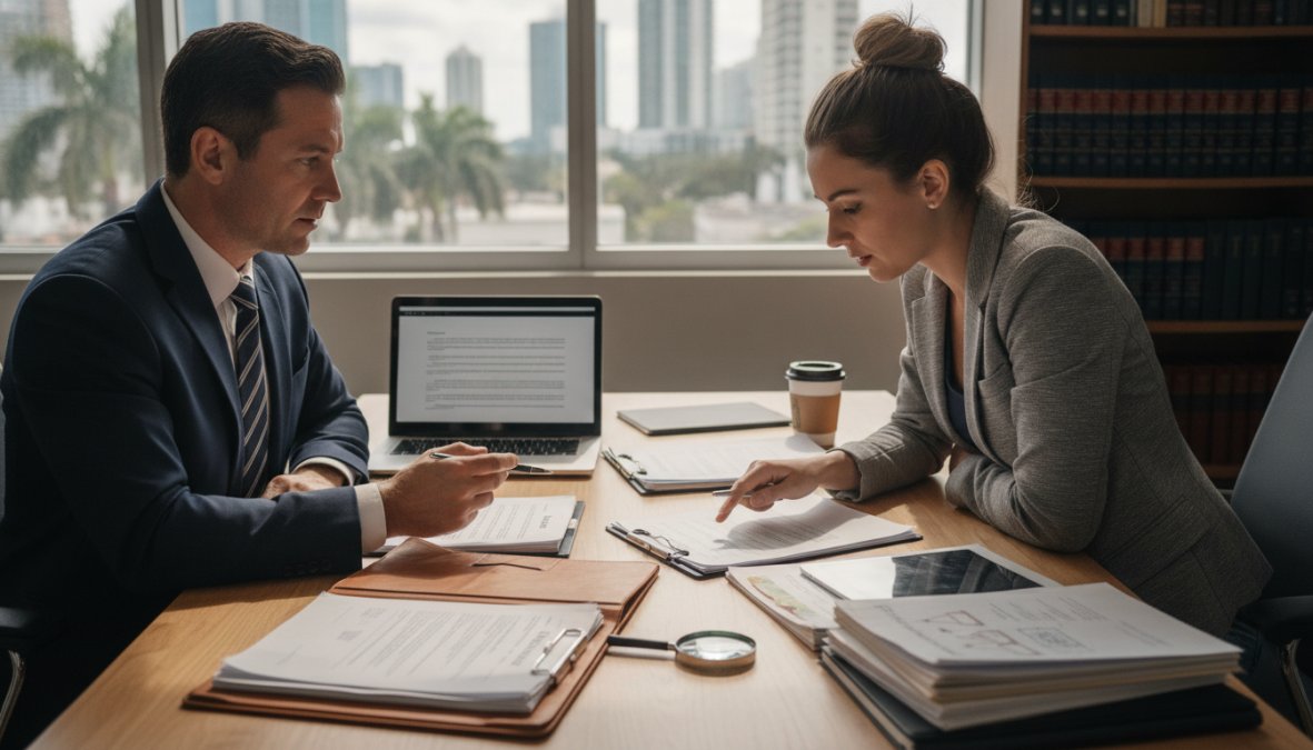 Startup founder meeting with professional business lawyer in modern Coral Springs office, reviewing contracts and legal documents with natural lighting