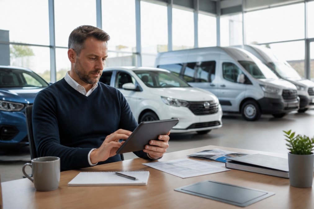 Fleet manager reviewing vehicle subscription options on a tablet in a modern office, with a diverse selection of vehicle types visible on a display screen behind