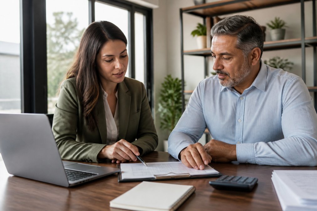 Insurance agent and business owner discussing liability insurance pricing documents at a desk