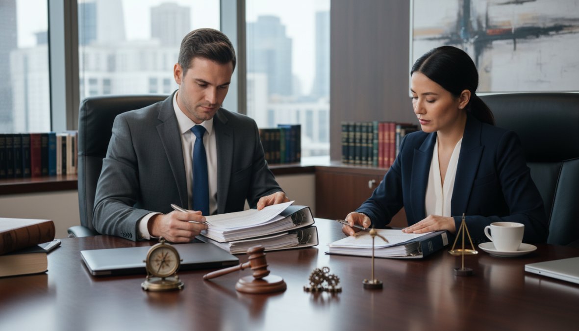 A business attorney in a professional suit reviewing legal documents at a conference table with a client across from them, both focused on paperwork in a modern law office with floor-to-ceiling windows and warm overhead lighting