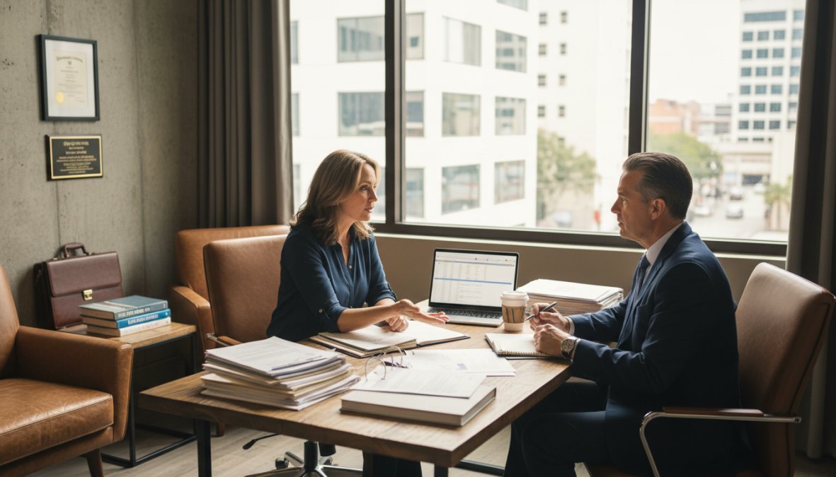 A confident attorney in a professional dark suit shaking hands with a small business owner client across a polished conference table in a bright, modern law office, both smiling with natural light coming through large windows behind them