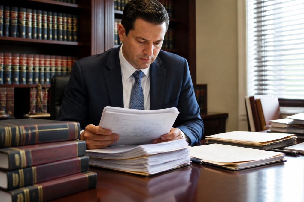 A business litigation attorney in a dark navy suit reviewing a thick stack of legal documents at a mahogany desk, law books and case binders visible on shelves behind him, warm office lighting