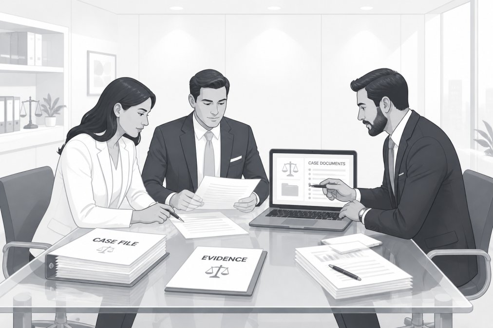 Two attorneys and a business client seated around a glass-topped conference room table, reviewing printed case files and a laptop with case documents open, engaged in focused discussion under recessed office lighting