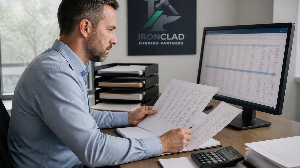 Professional accountant reviewing financial statements and cash flow projections on a computer screen at a modern desk with organized files and calculator