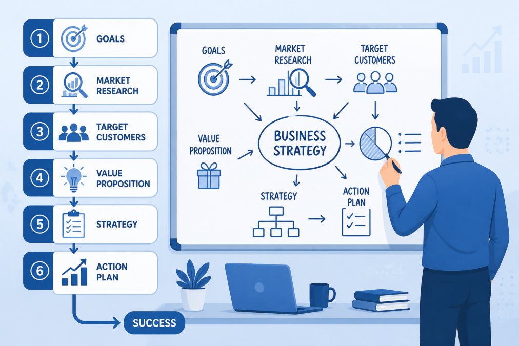 Business owner or team member writing notes and sketching business strategy ideas on a whiteboard or large notepad, showing active planning process