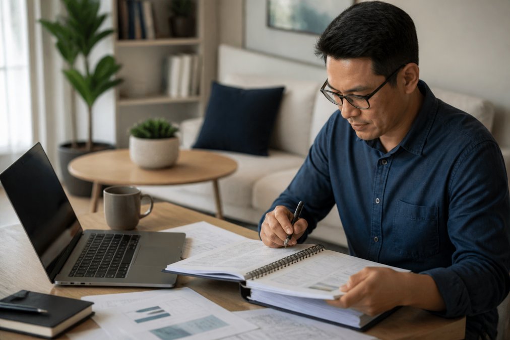 Entrepreneur working at a desk with a business mastery workbook, laptop, and strategic planning documents spread out, reviewing goals and action items