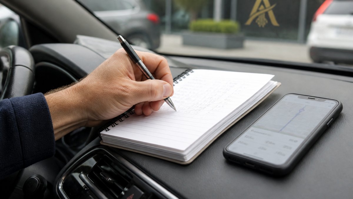 Close-up of a hand writing mileage details in a notebook placed on a car dashboard, with a smartphone showing a mileage tracking app visible nearby