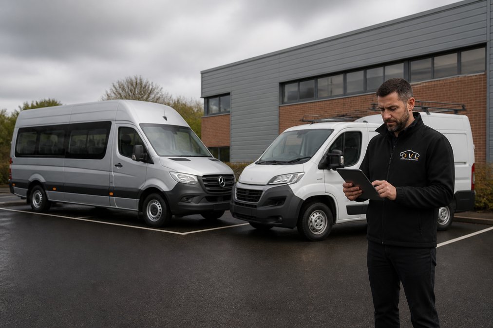 Fleet manager reviewing a tablet near a silver minibus and work van for business minibus leasing at a business park.