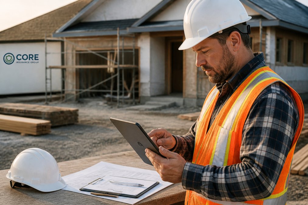 Contractor reviewing insurance documents for business owner policy alternatives at a construction site.