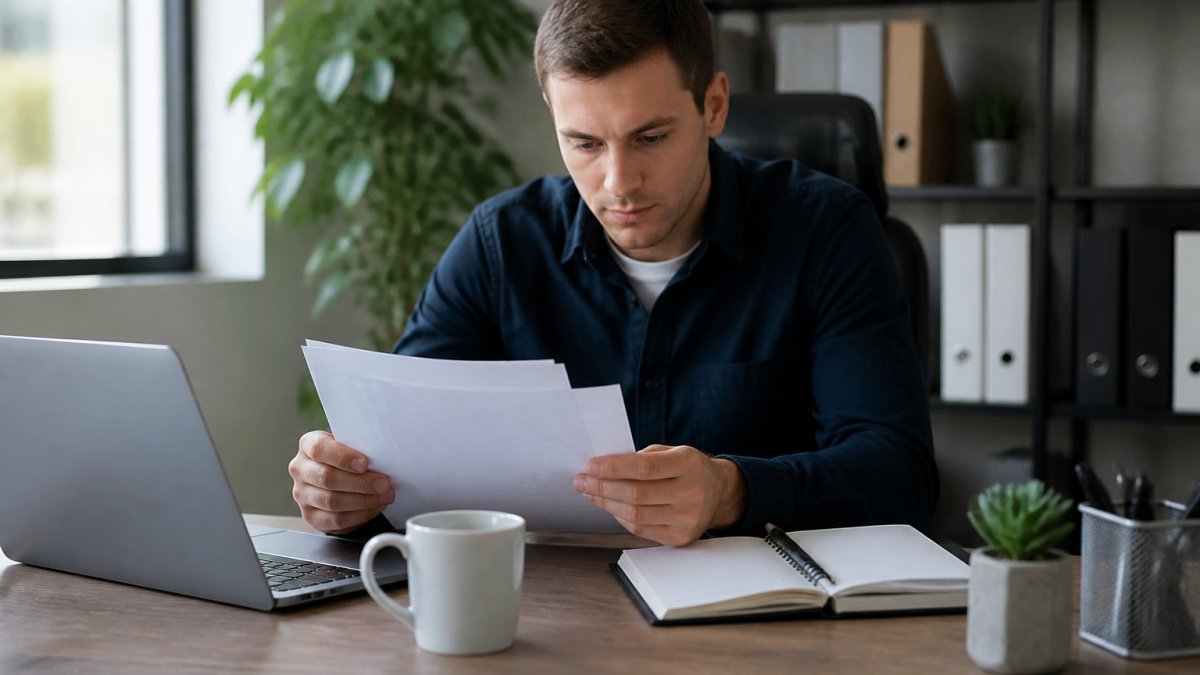 Young entrepreneur reviewing insurance documents at a desk with a laptop, coffee cup, and business plan notebook visible in modern office setting
