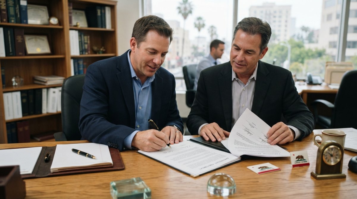 Business partners reviewing legal documents and partnership agreement paperwork together at a desk in a professional office setting with natural lighting