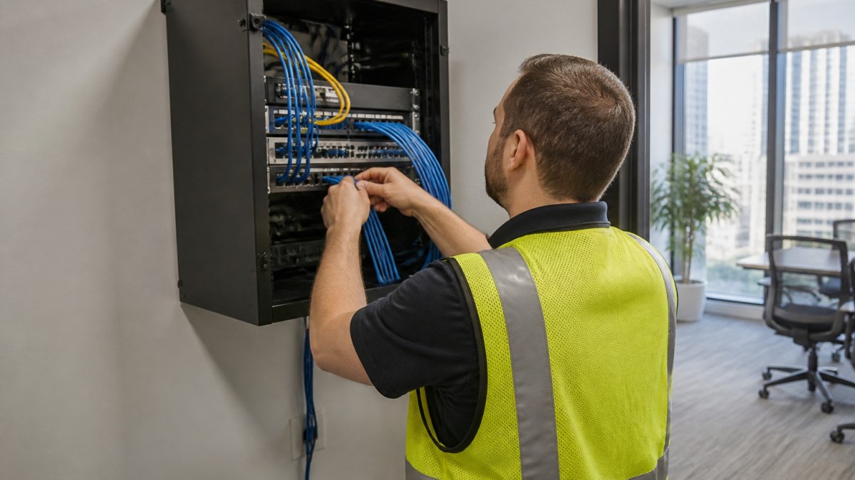Technician routing network cables for business phone systems in a Chicago office server closet