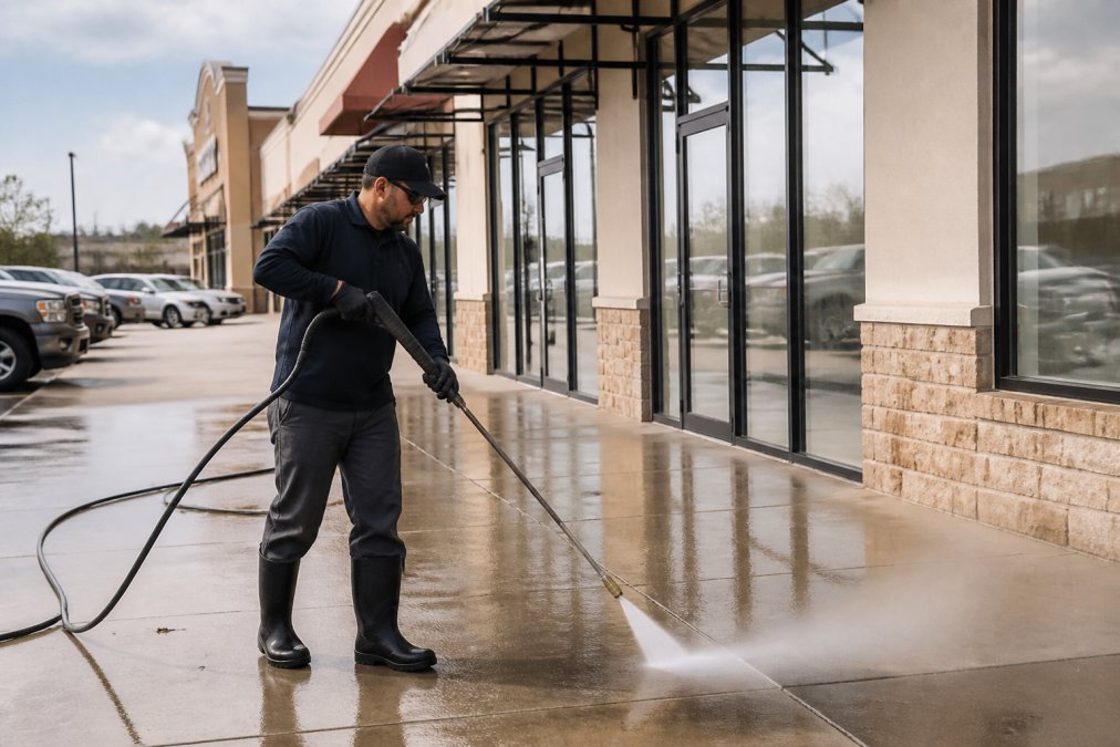 A professional pressure washing technician in safety gear cleaning a commercial storefront sidewalk with a high-pressure wand, water spray visible, strip mall exterior in background