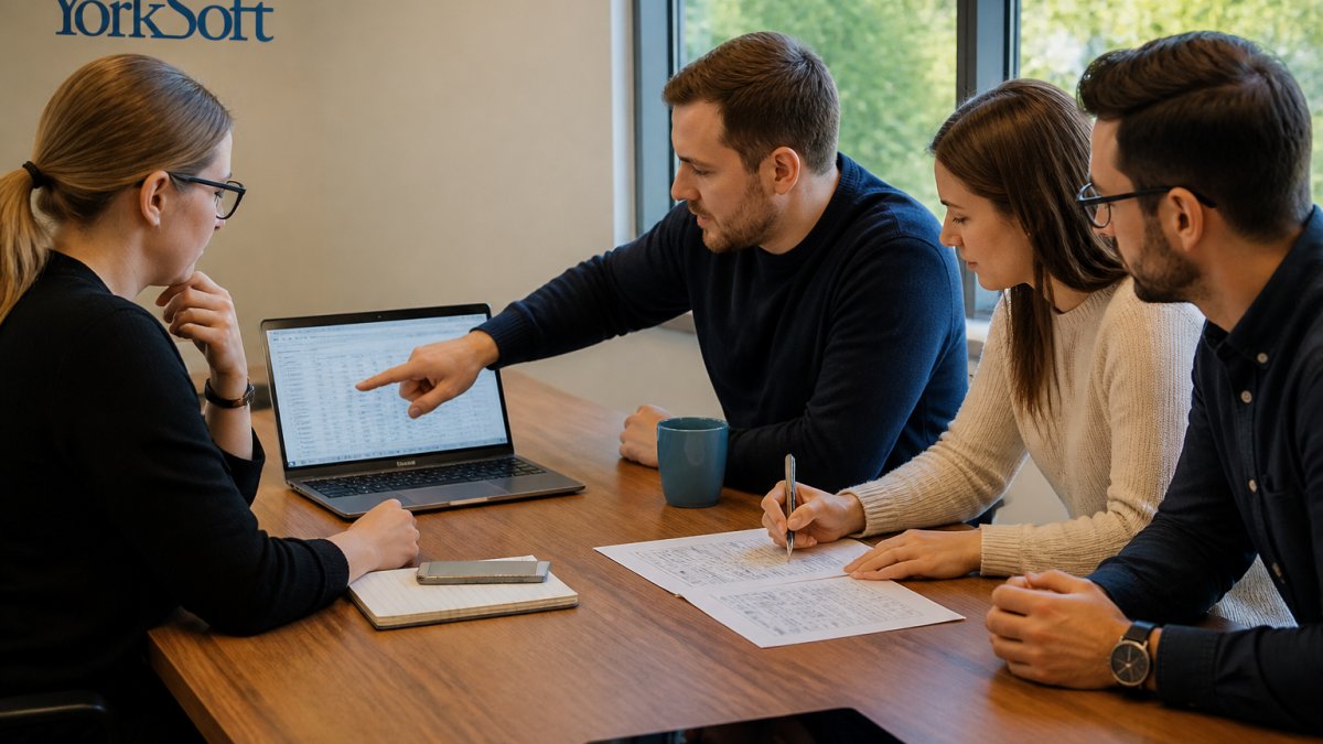A small group of office staff gathered around a laptop in a bright meeting room, one person pointing at the screen while a colleague takes notes on a printed process sheet
