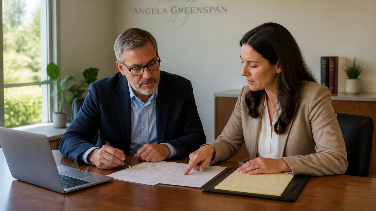 Business owner and legal advisor reviewing business succession documents at a wooden conference table