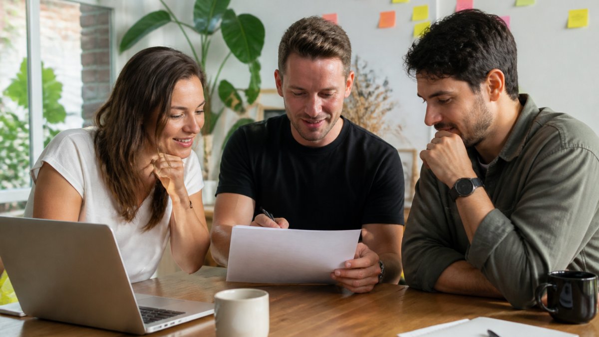 A founder and team reviewing a printed process document for business systems at a bright office desk