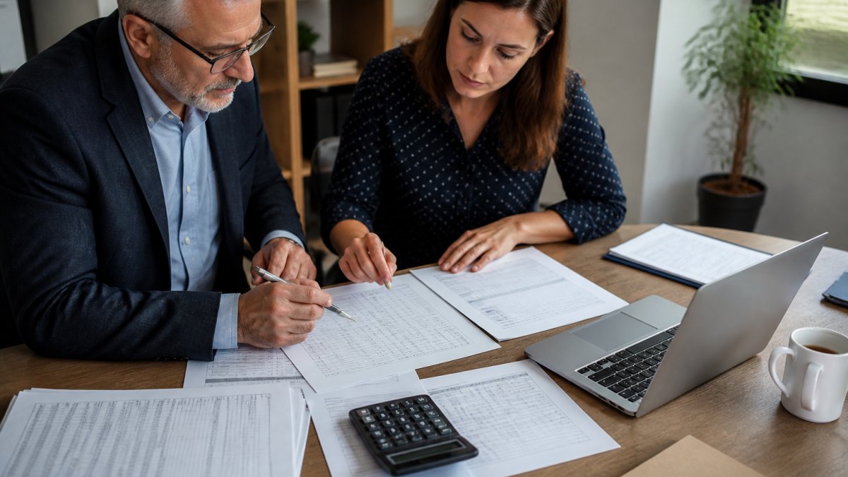 Business owner and consultant reviewing financial statements and valuation spreadsheets at desk with calculator and laptop, discussing business value