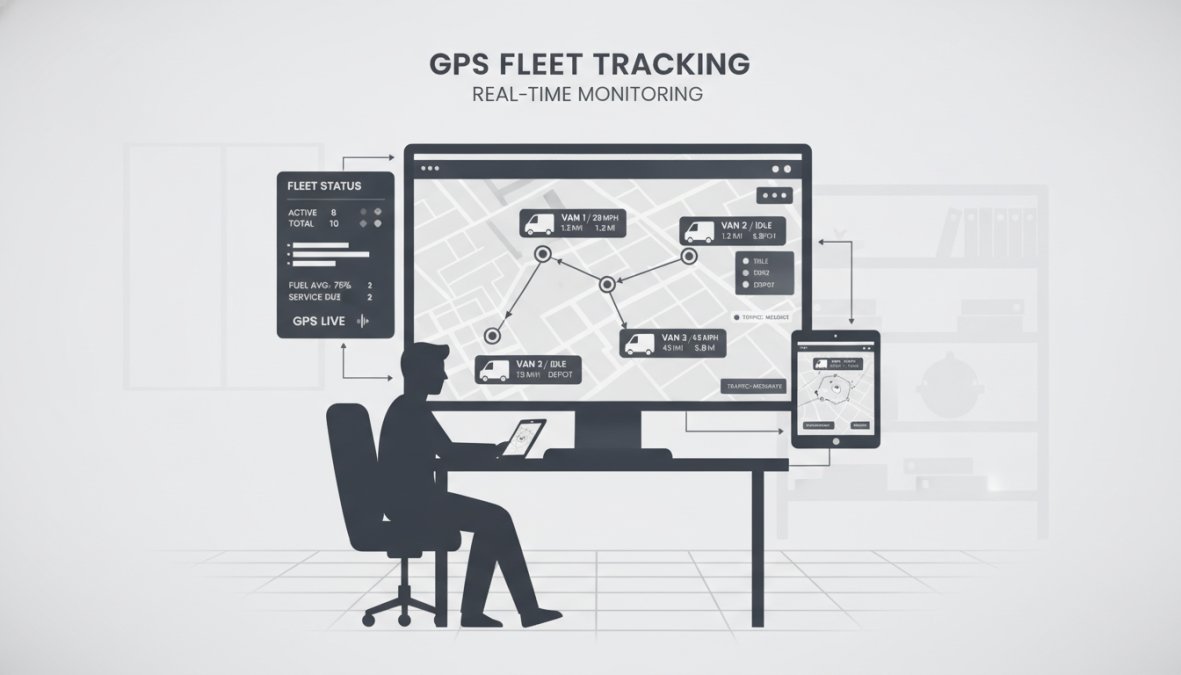 Fleet manager monitoring multiple van locations on a computer screen displaying real-time GPS tracking map with vehicle icons and route information in a modern office environment